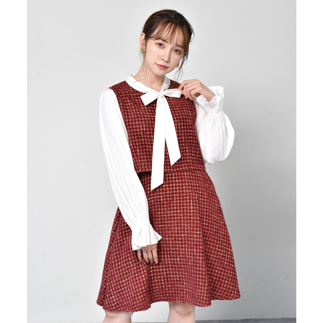 エムズエキサイト ems excite ドッキングツイードワンピース （レッド
