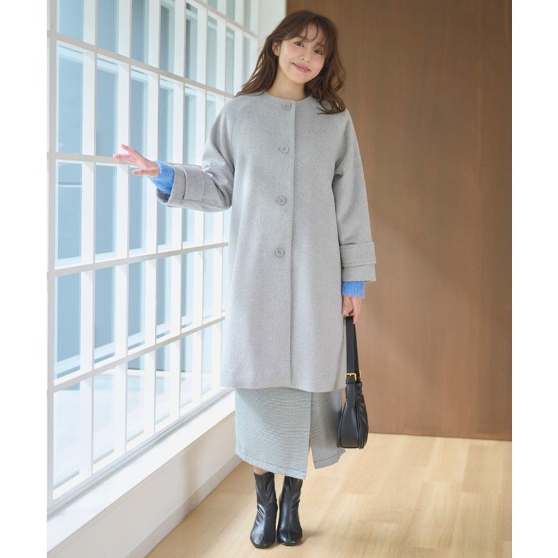 フェルゥ Feroux ウール混 Aラインコート （ライトグレー系