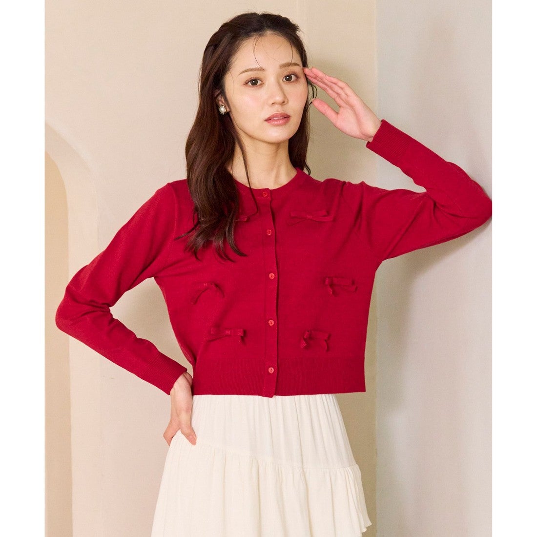 Feroux リボンディテール カーディガン （レッド系） -ファッション