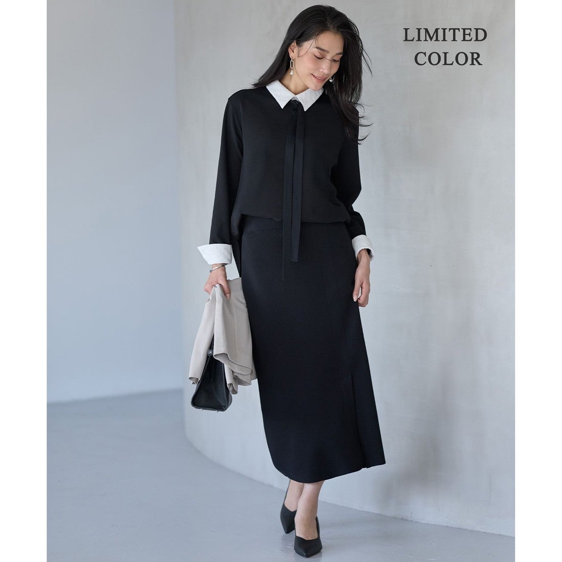 ICB 【洗える】マラボーテWジョーゼット ボウタイ付きシャツカラー