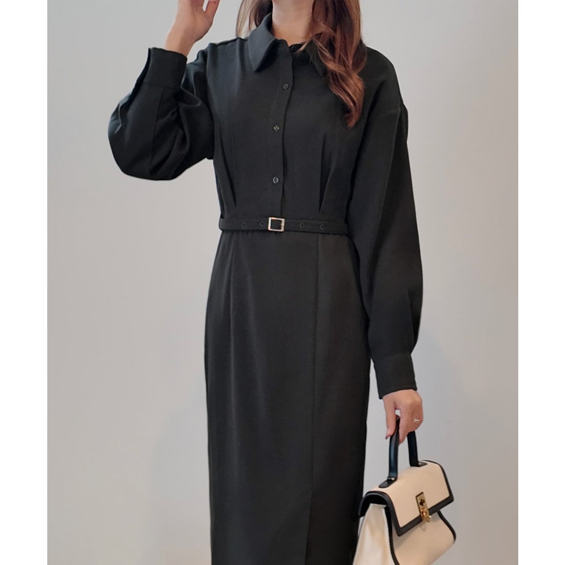 ジュノア JUNOAH 微起毛ウエストベルトシャツワンピース （チャコール