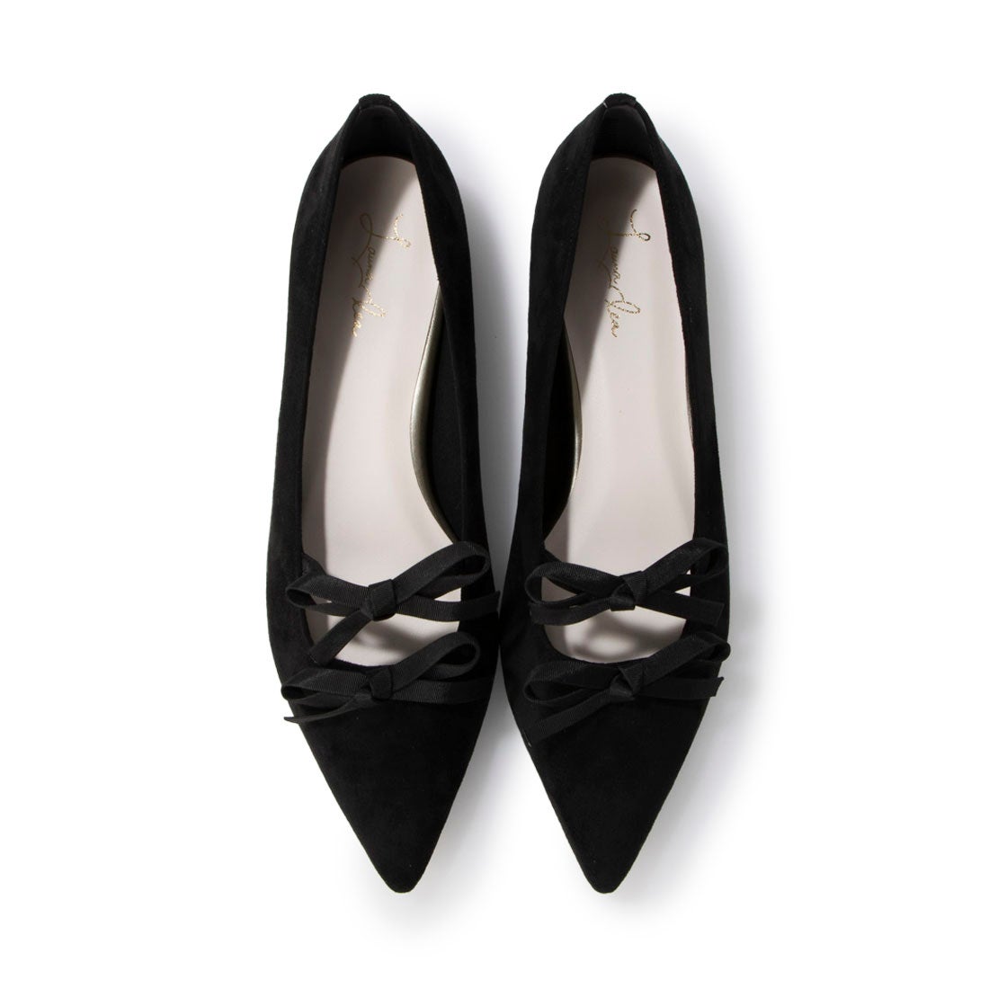 ダブルリボンポインテッドトゥフラットパンプス(0572) （ブラックS