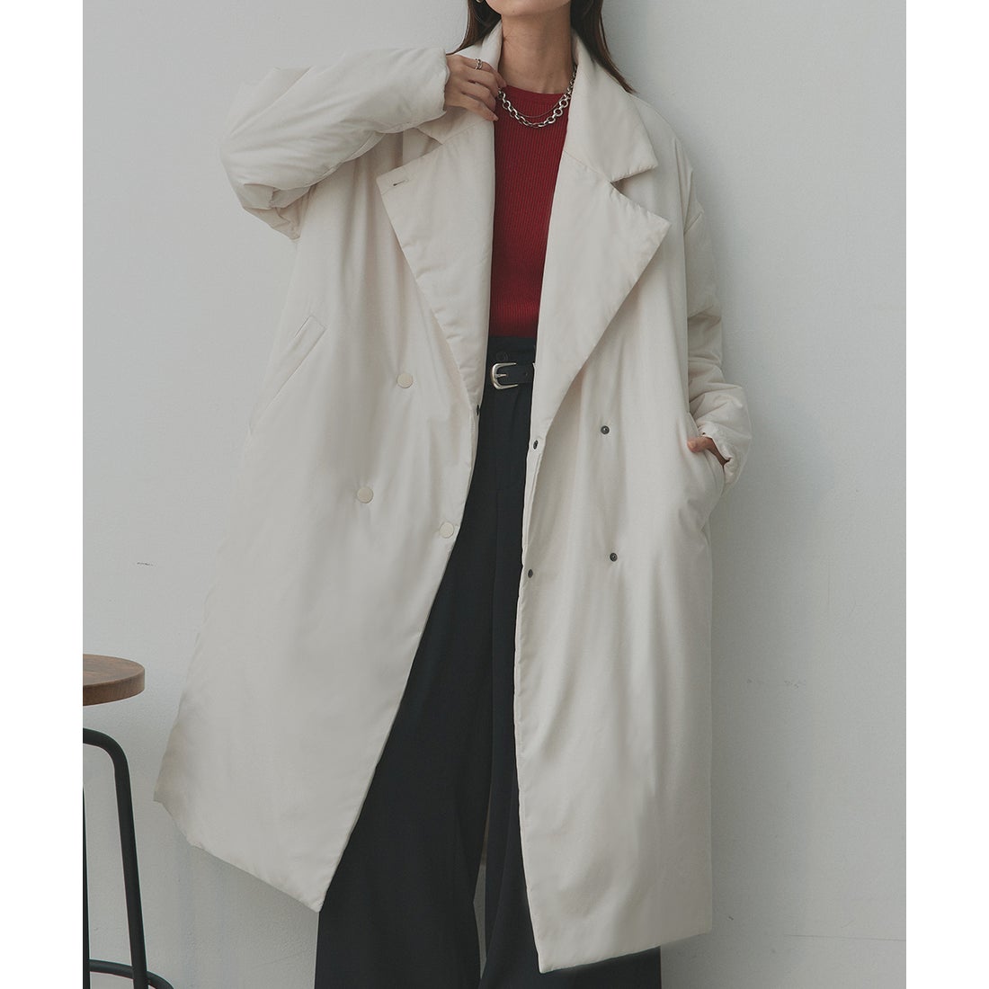 アドティエ ad thie中綿テーラードカラーロングコート （アイボリー