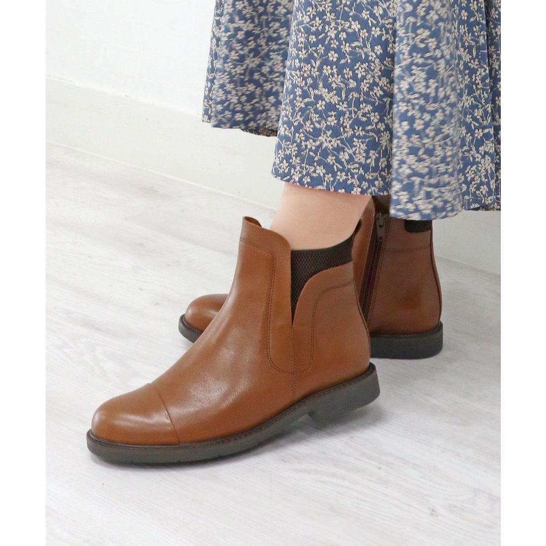 本革】 サイドゴアショートブーツ 6734 （キャメル） -モードカオリ