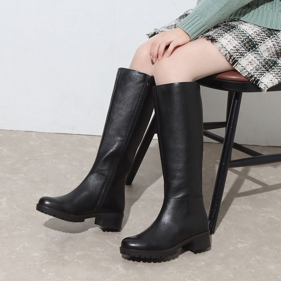 本革】 【防滑 断熱】ストレートブーツ 21456 （ブラック） -モード
