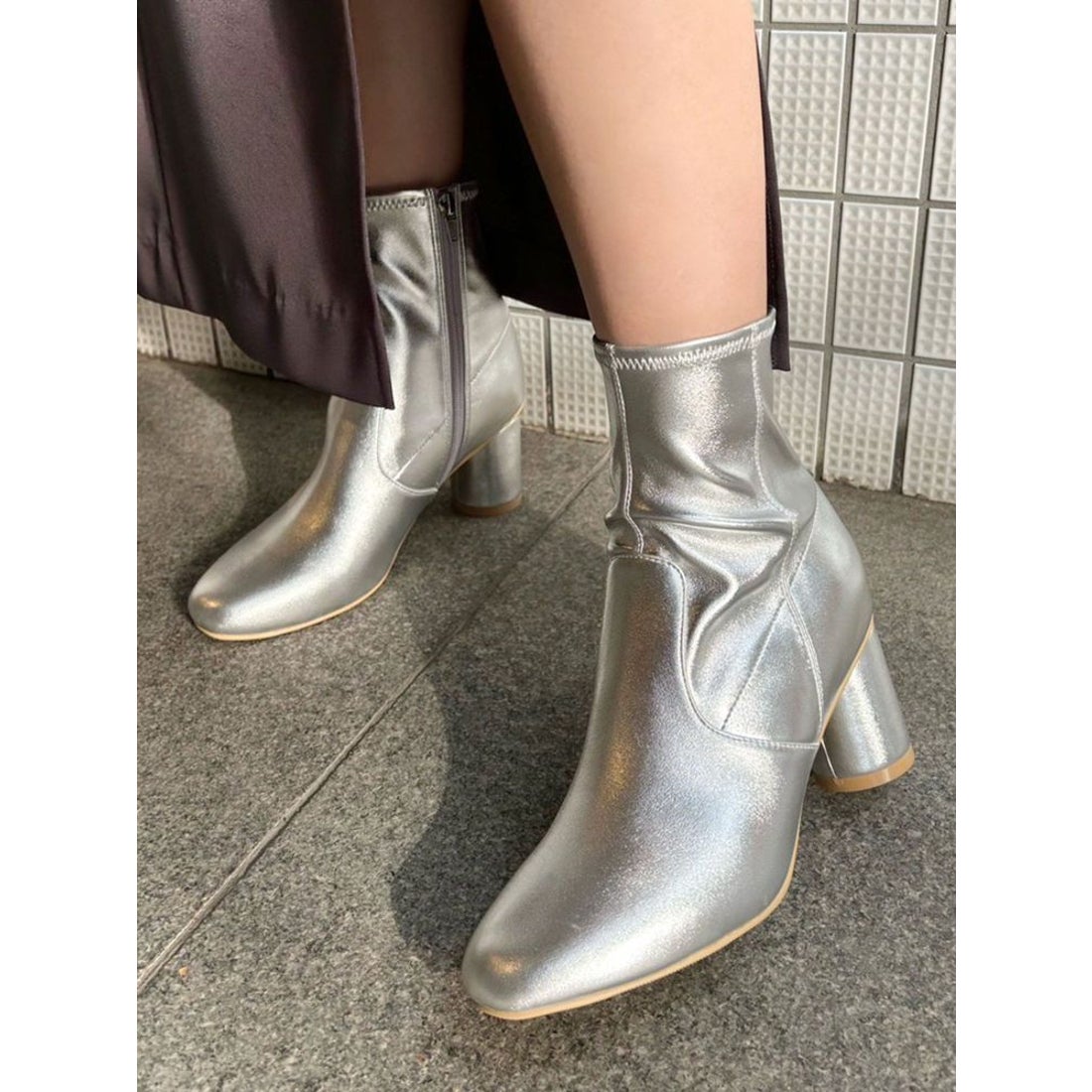 MERCURYDUO フェイクレザーデザインヒールストレッチショートブーツ