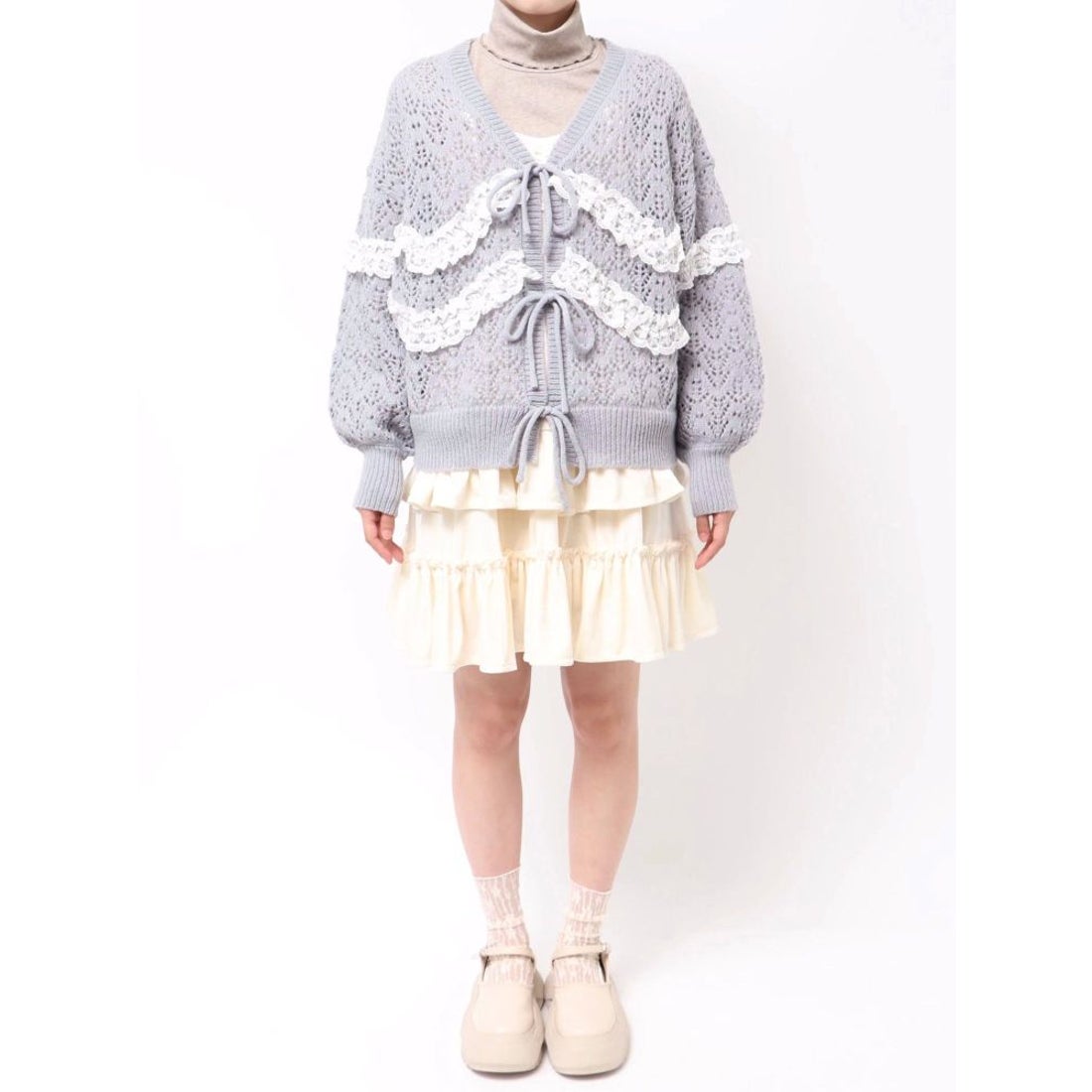 メリージェニー merry jenny 透かし編みフリルニットカーディガン