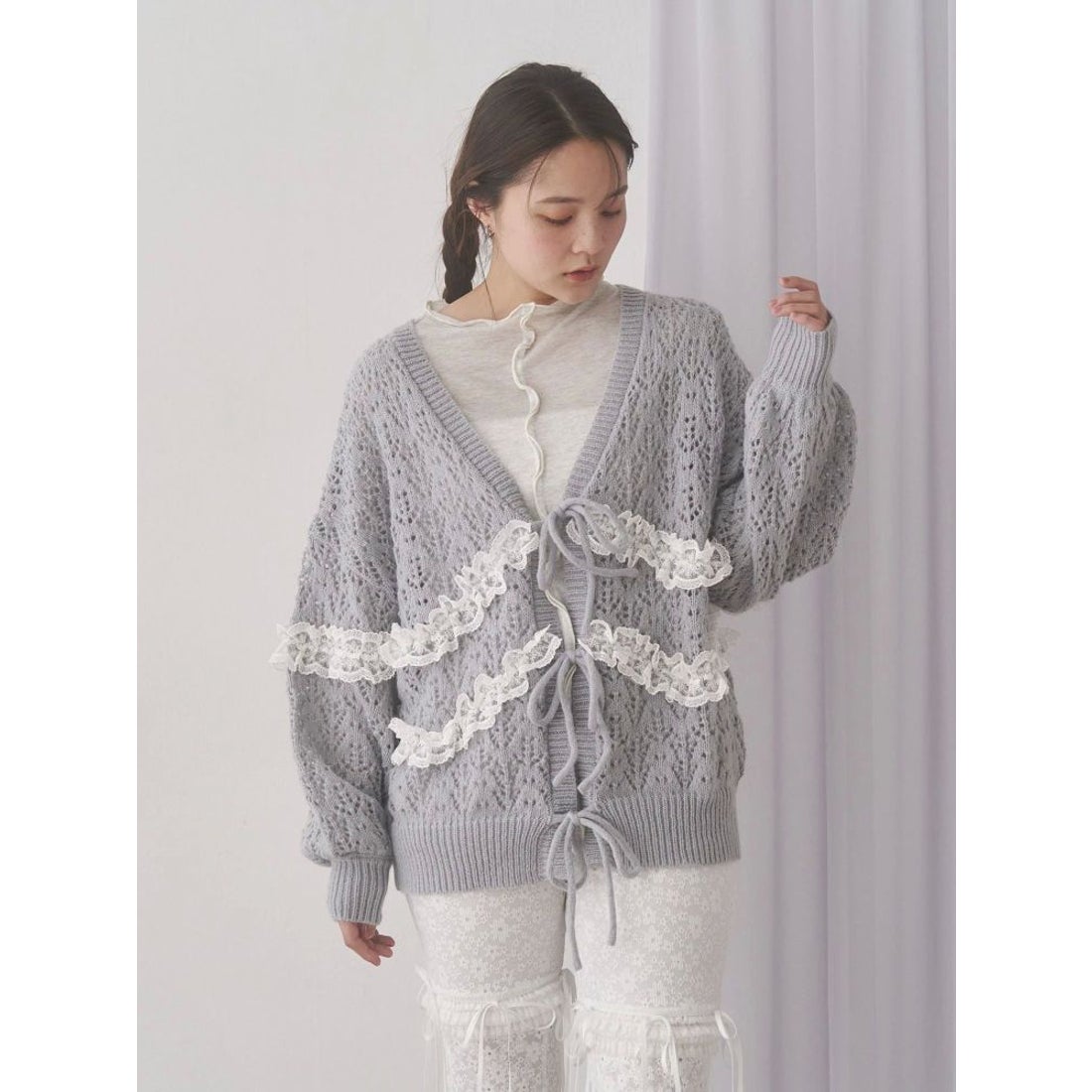 メリージェニー merry jenny 透かし編みフリルニットカーディガン