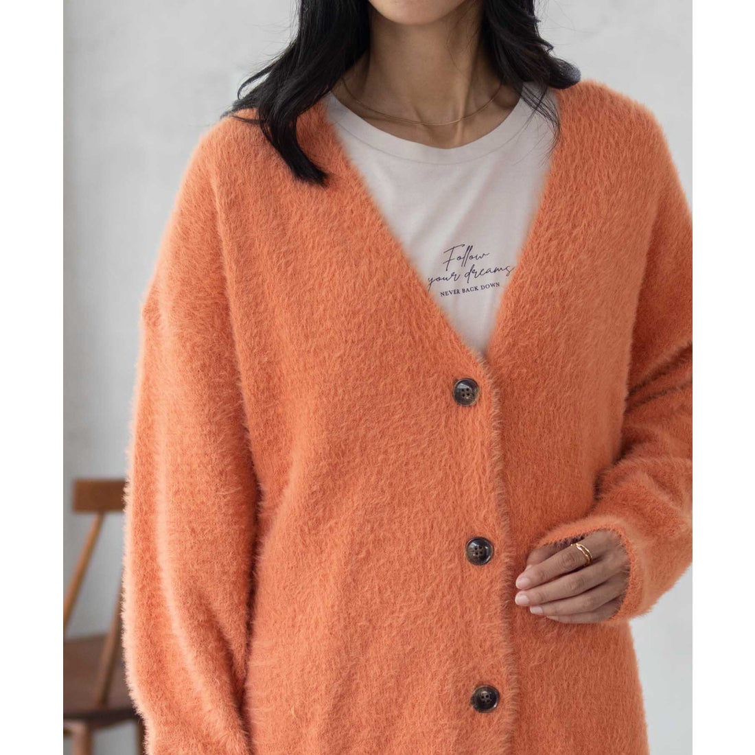 マックハウス Mac-House フェザー素材ロングカーディガン （オレンジ