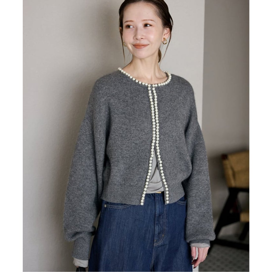 スローブ イエナ SLOBE IENA パールカーディガン （ブラック