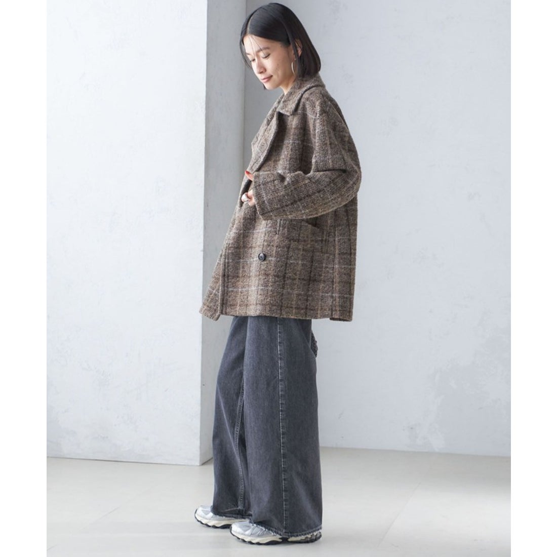 シップス SHIPS スライバー チェック ショート Pコート （ブラック