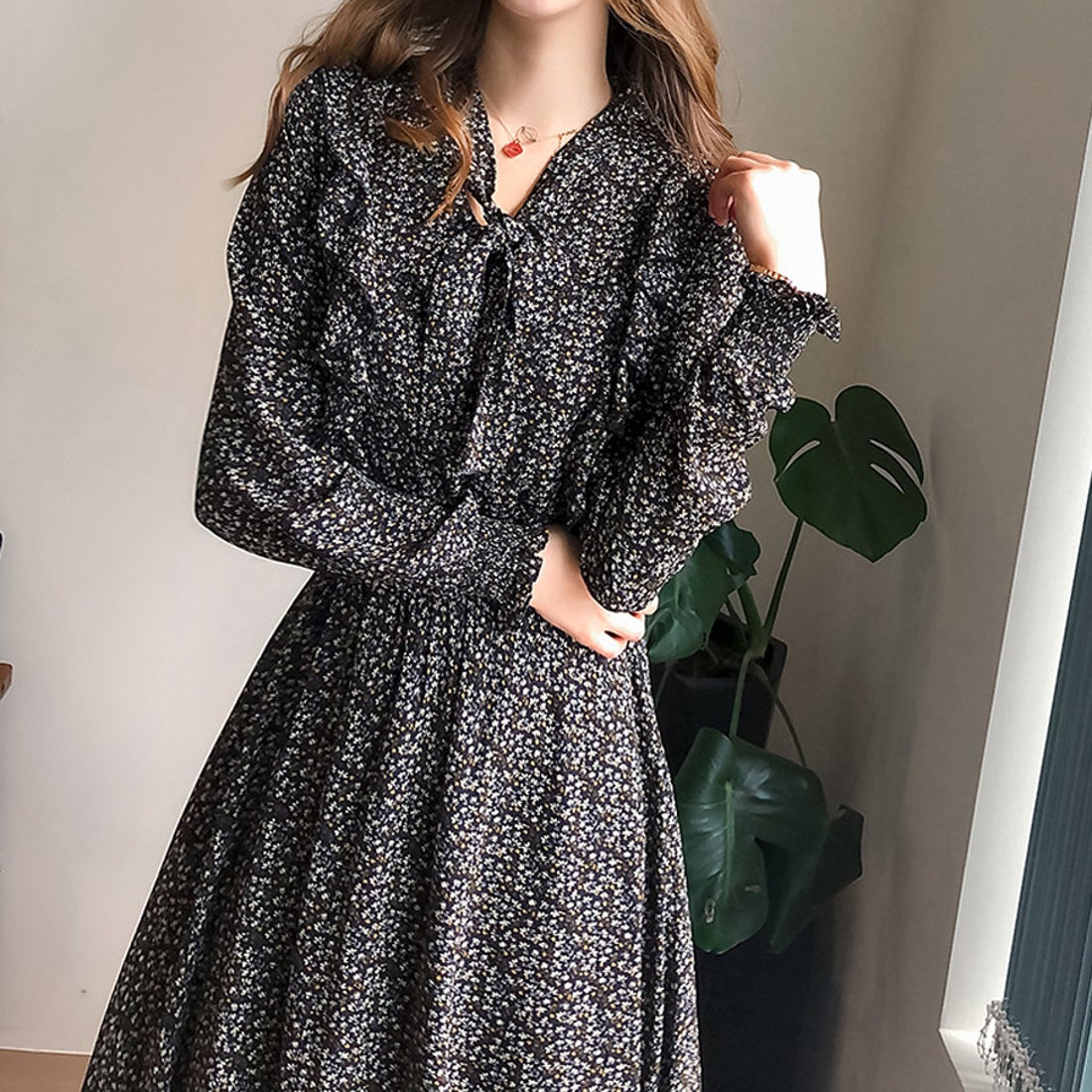 ショッピングゴー shoppinggo ワンピース 花柄 長袖 リボンネック