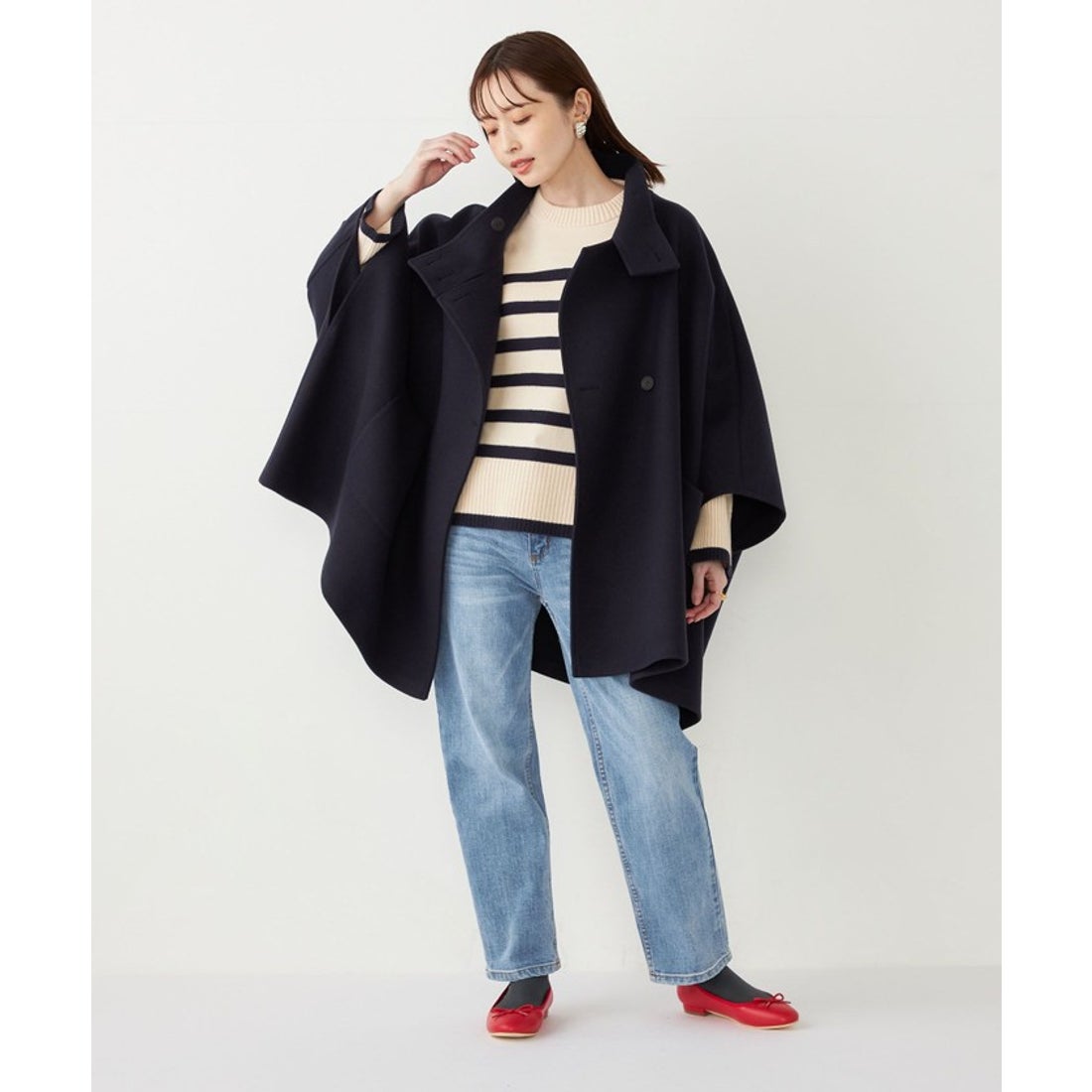 アイシービー ポンチョ ネイビー カシミヤ スタンドカラー 42