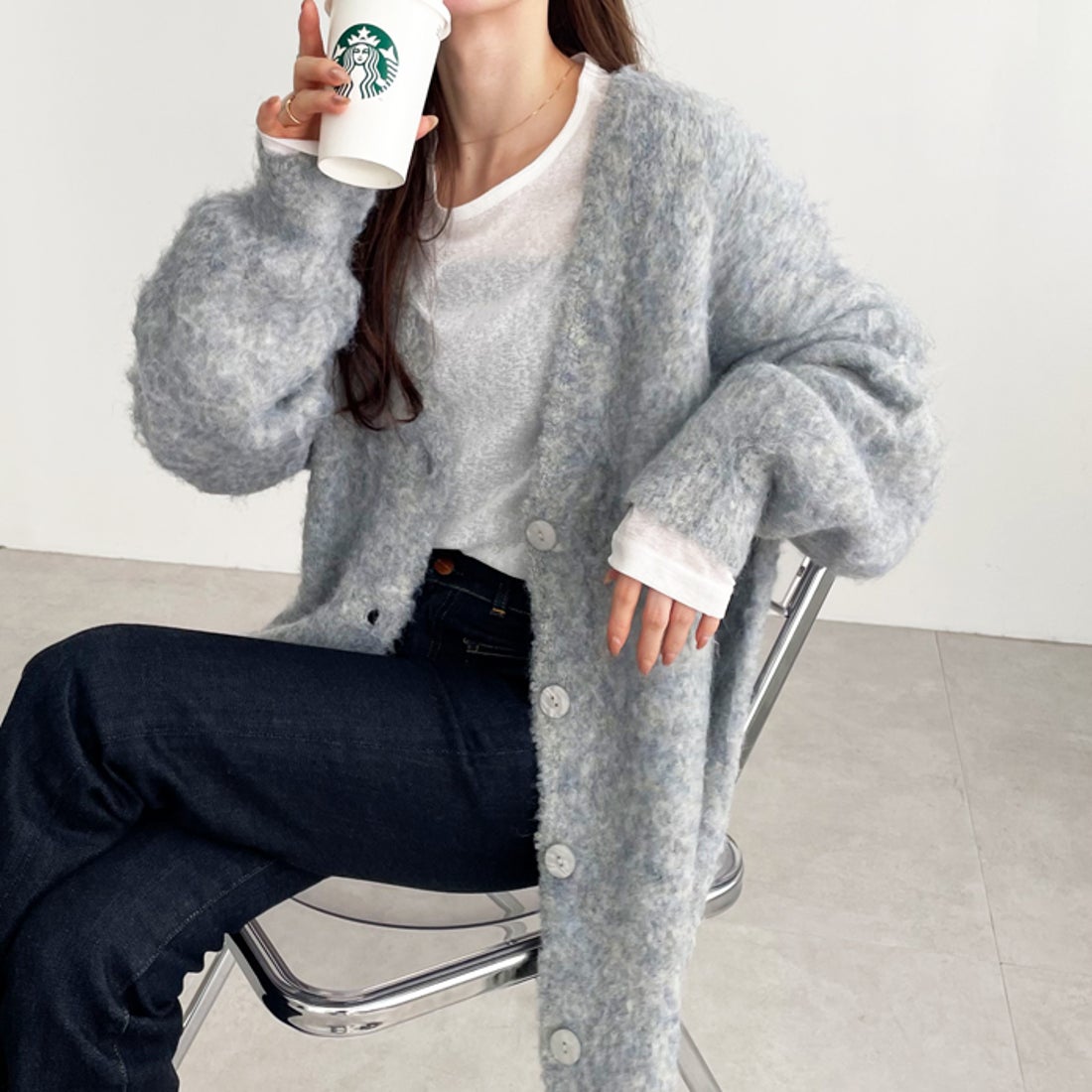 ジーラ GeeRA ブークレミックスシャギーカーディガン （ライトグレー