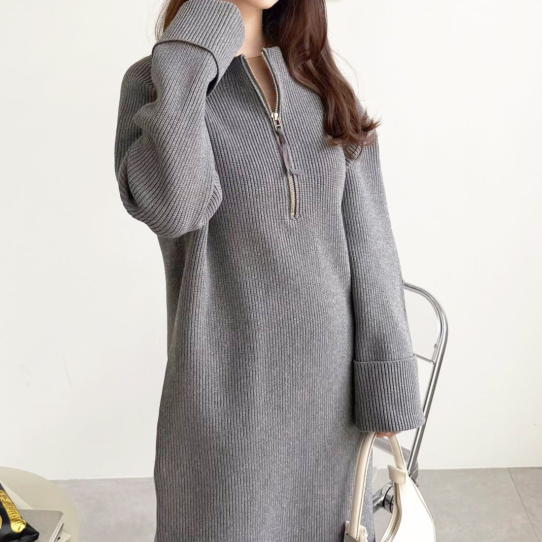 ジーラ GeeRA 前後2WAYハーフジップニットワンピース （グレーミックス