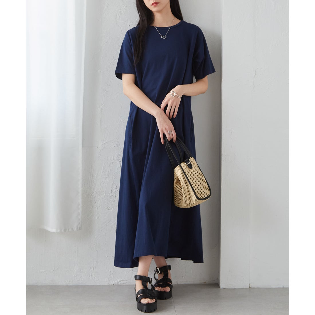 ラナン RANAN 〈B．C〉ポケット付マキシワンピース半袖 （ネイビー