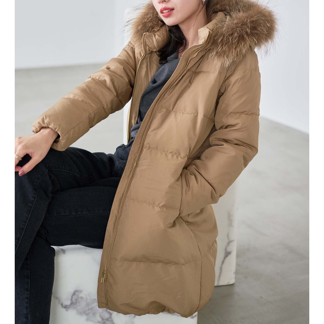 ラナン RANAN リアルファー付ダウンコート （キャメル） -アウトレット