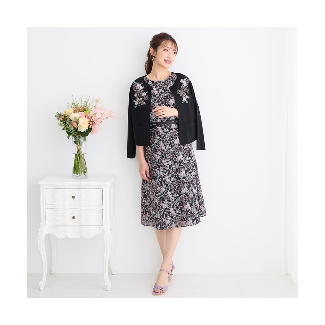 ローズティアラ RoseTiara クロスリボン刺繍ワンピース （ブラック