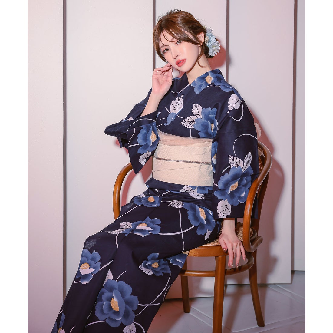 レティカ Retica 浴衣レディース紺地青椿ゆかた2点セット (浴衣+平帯