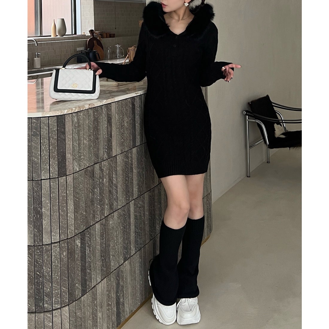 ロイヤルパーティー ROYAL PARTY フードファーケーブルニットミニ