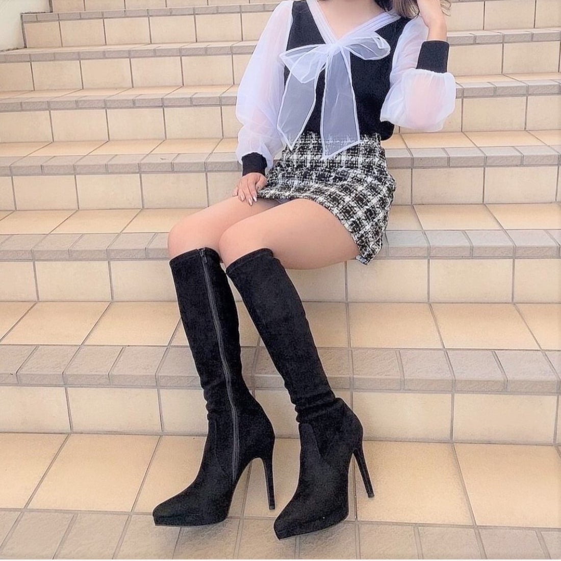 アールアンドイー R&E ポインテッドトゥハイヒールロングブーツ