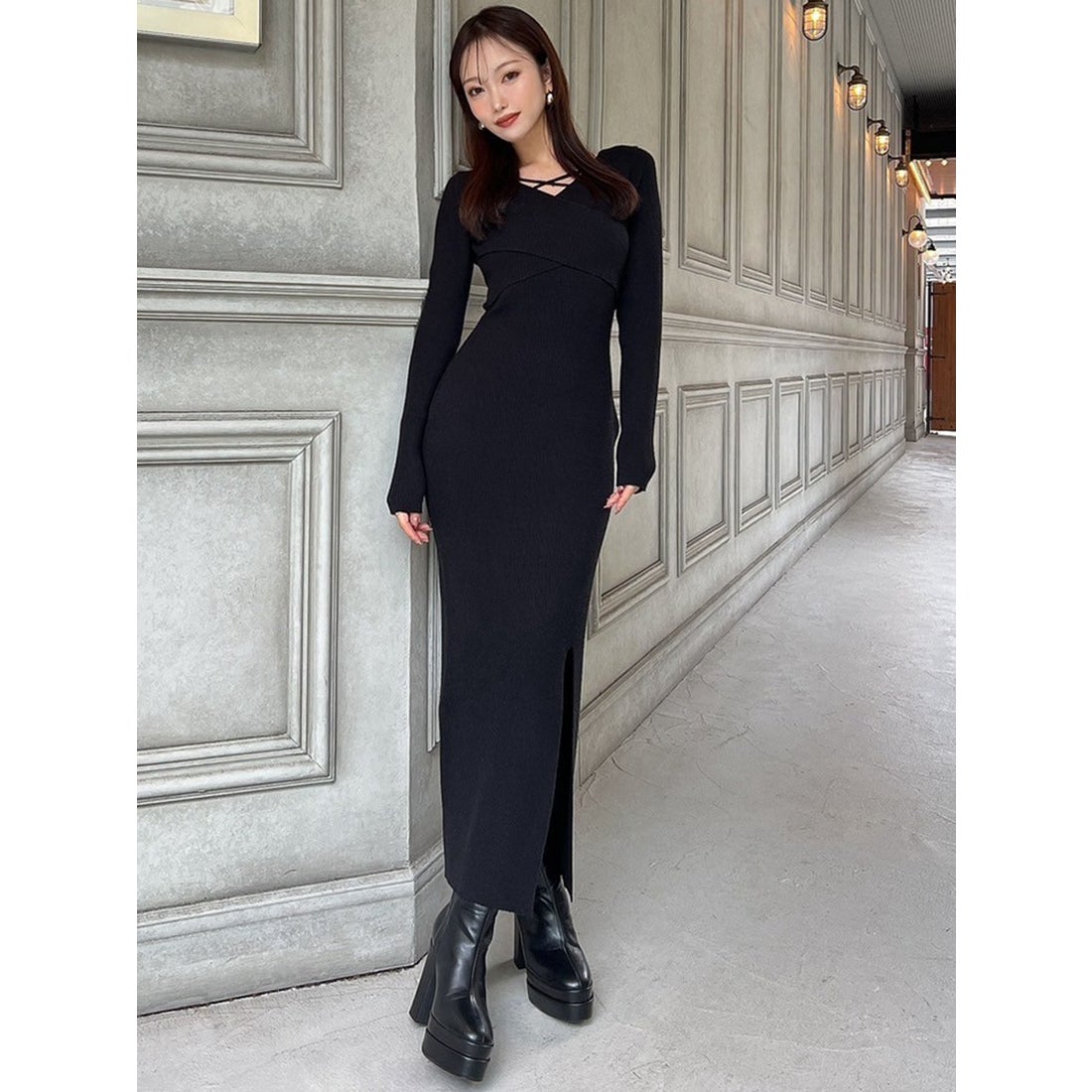 リゼクシー RESEXXY ダブルクロスニットワンピース （BLK