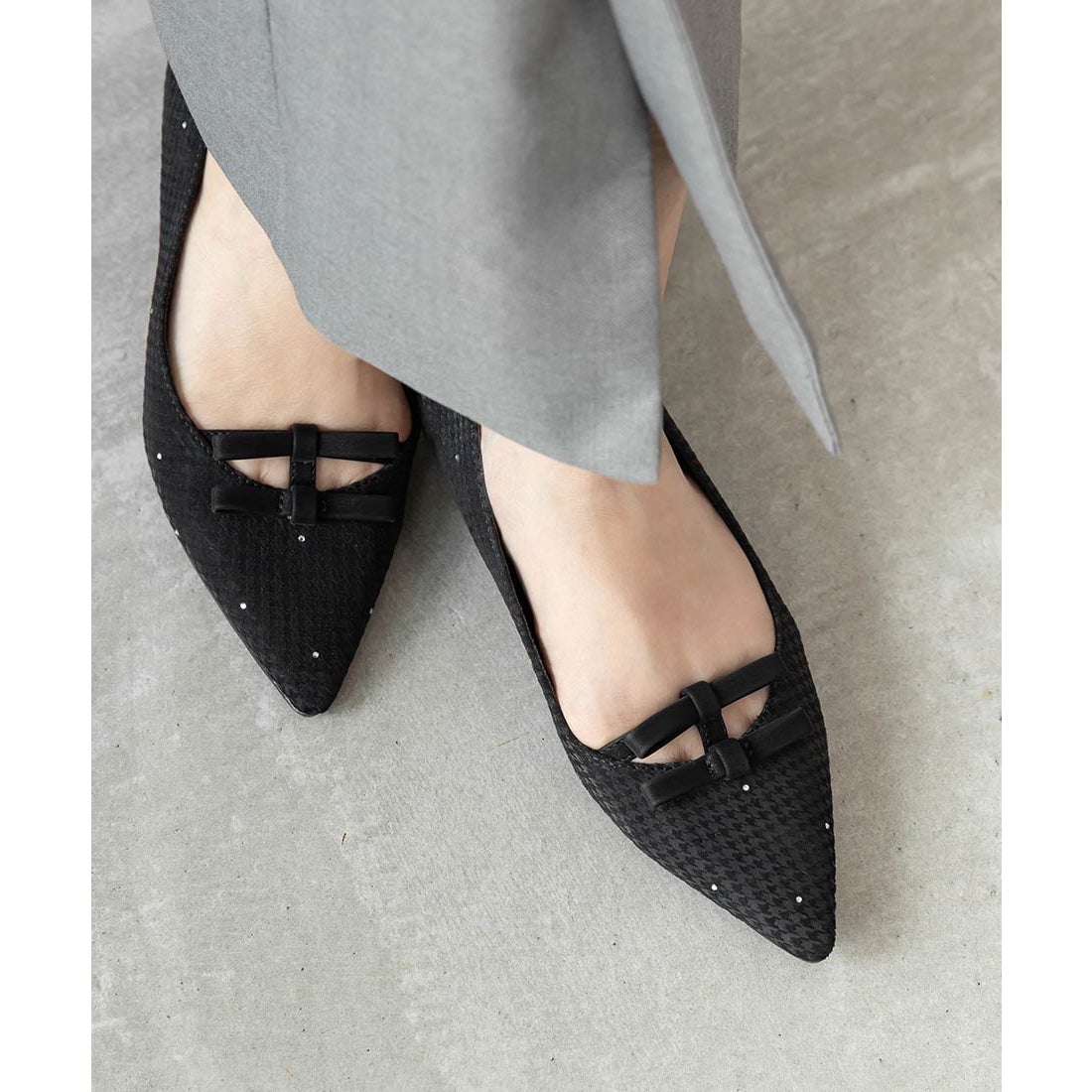 ランダ RANDA ミニリボンフラットパンプス （BLACK） -靴