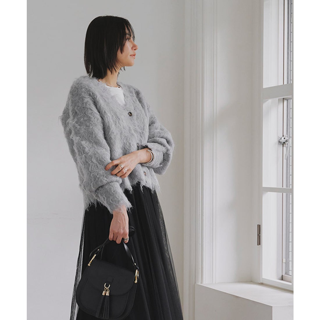 ラス RASW 2wayシャギーニットカーディガン （アイボリー） -靴