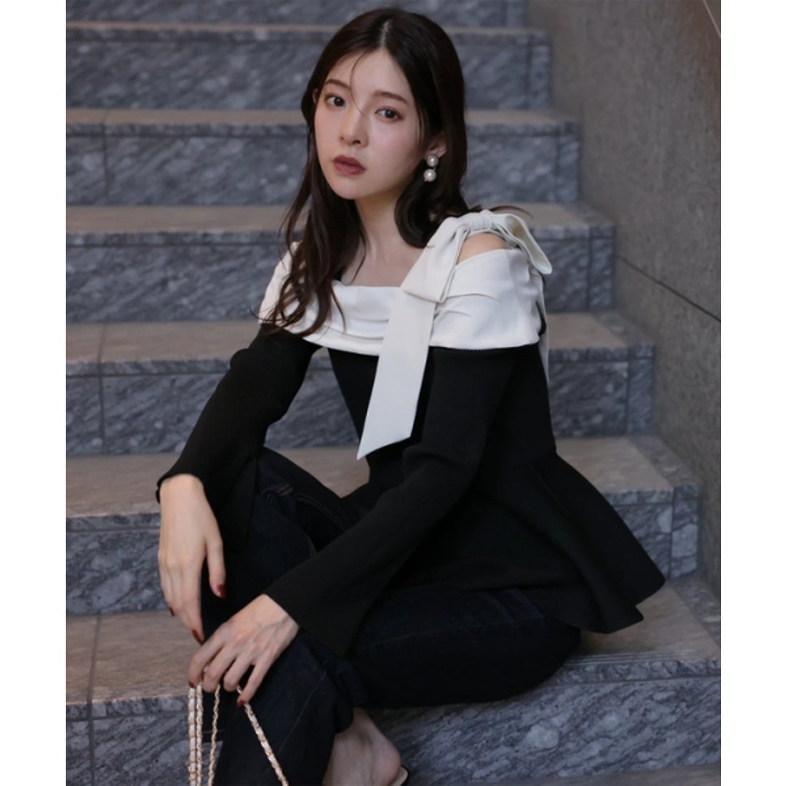 リランドチュール Rirandture オフショルリボンドッキングニット