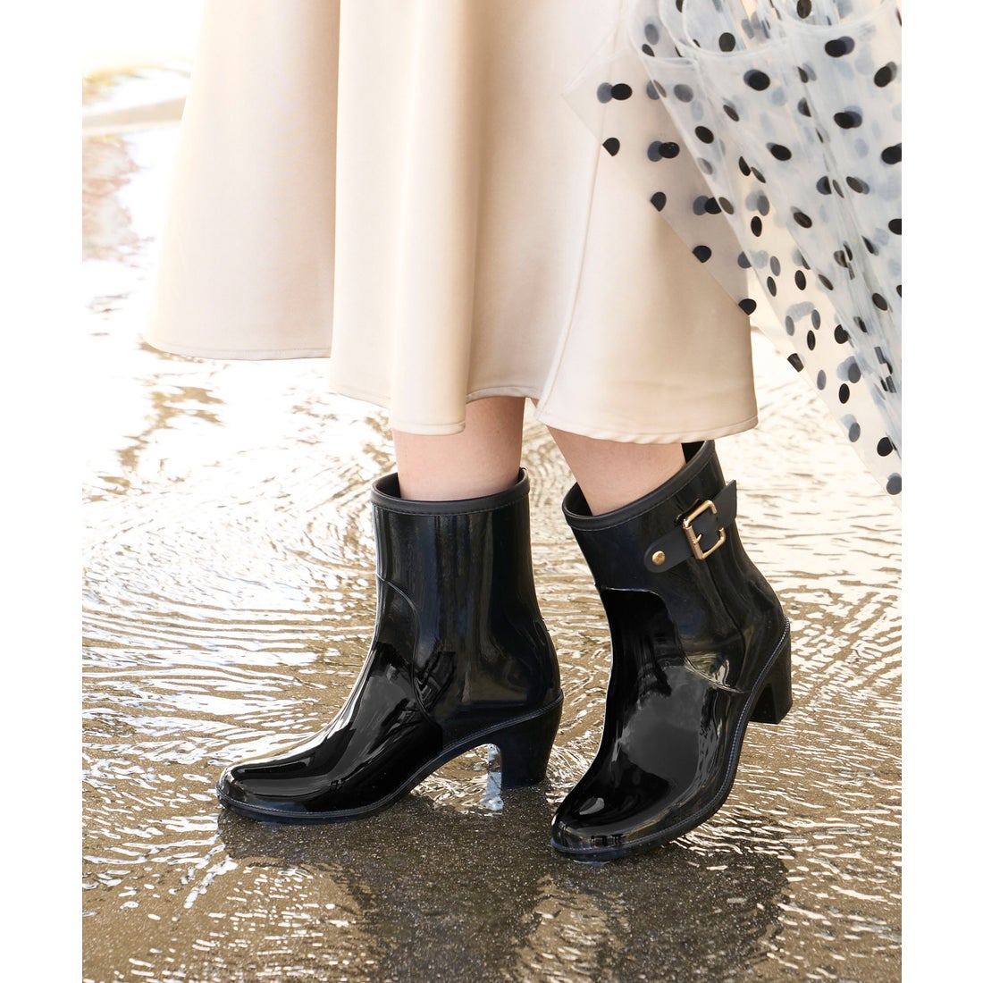 ウェレッグ welleg ベルト ヒールレインブーツ （6001ブラック