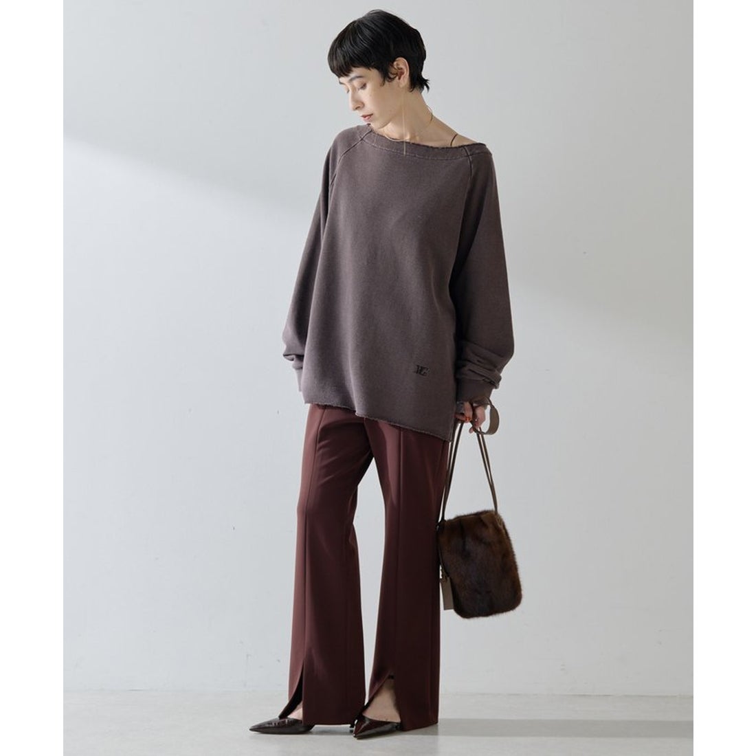 ウィムガゼット Whim Gazette オフショル裏毛プルオーバー （charcoal