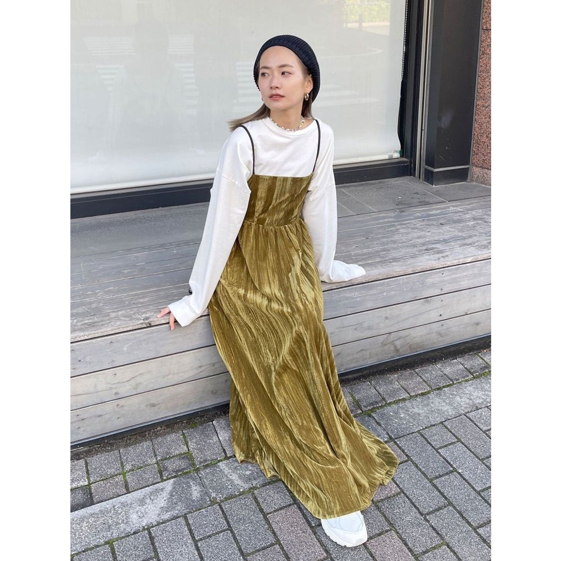 Ungrid 【WEB限定】ベロアギャザーキャミワンピース（ブラック） -靴