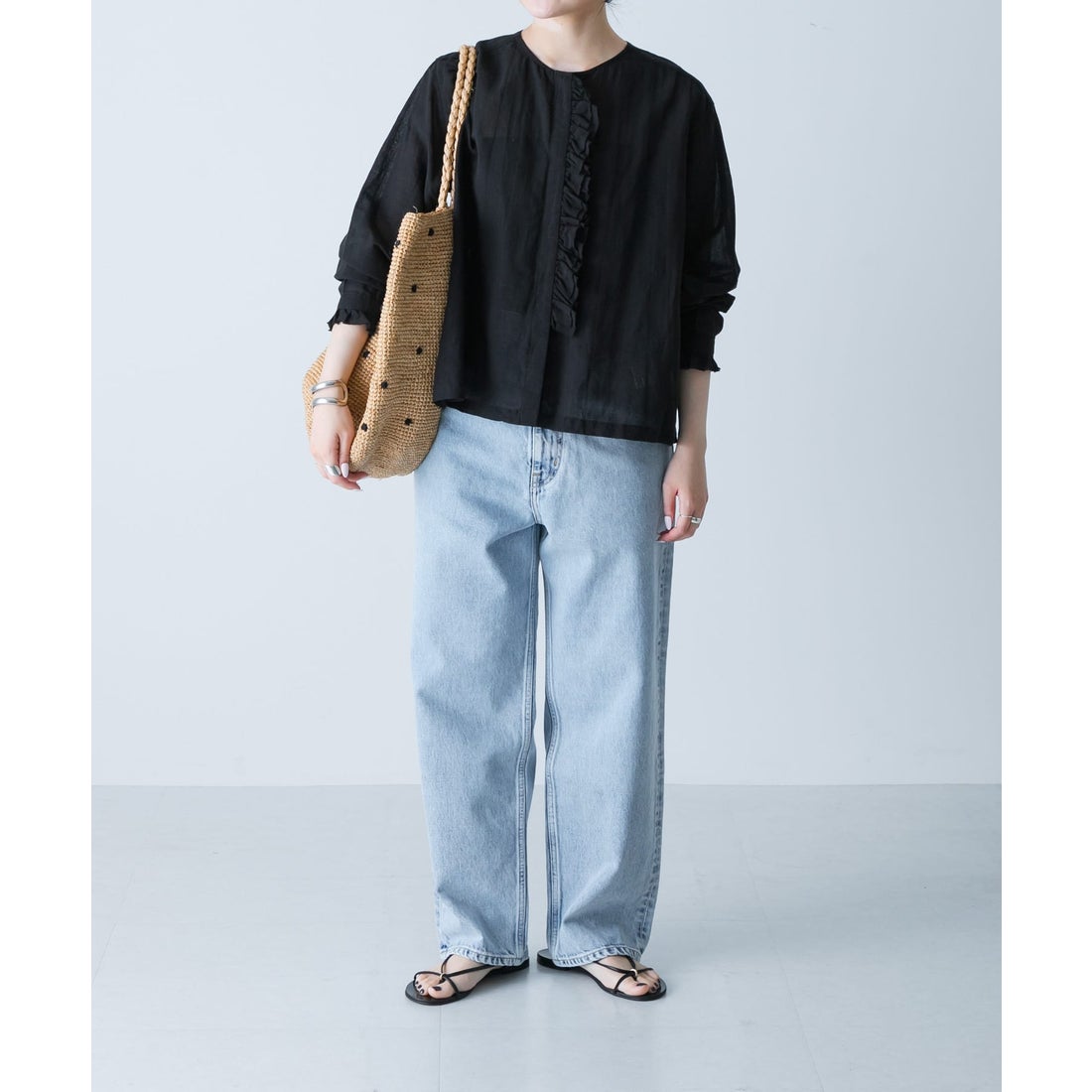 カグレ かぐれ コットンリネンワッシャーフリルブラウス （ブラック