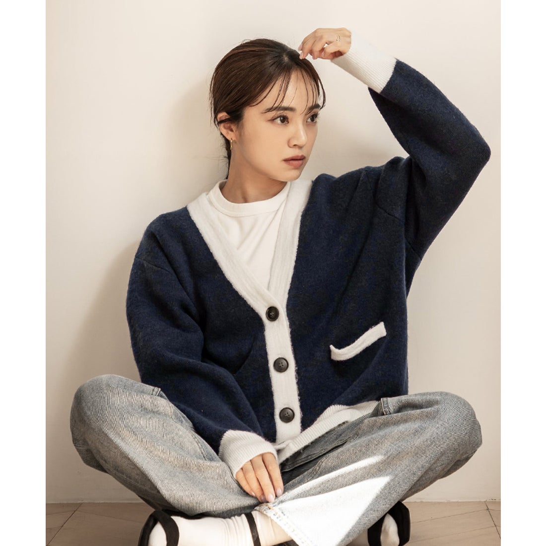 ユアーズ ur's バイカラーニットカーディガン （ネイビー/ホワイト
