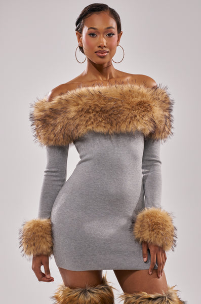 COMFY COZY FUR TRIM MINI DRESS IN GREY – AKIRA