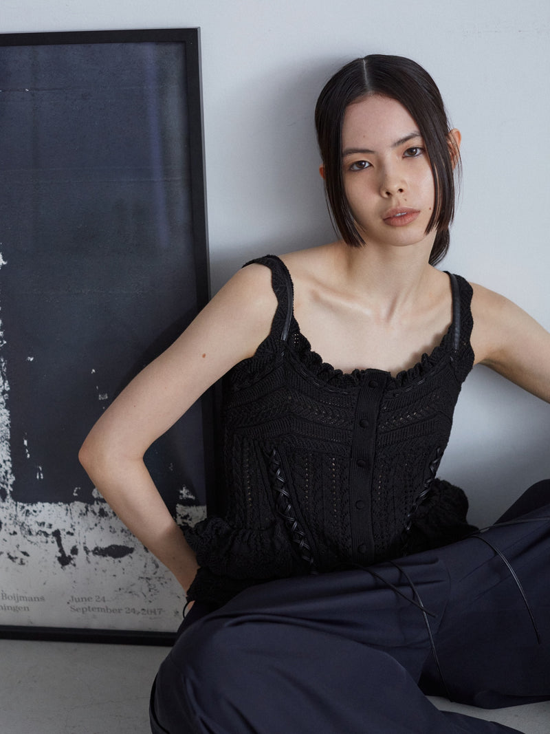 tanakadaisuke（タナカダイスケ）lace up ribbon knit camisole Black