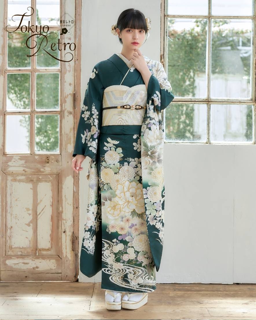 東京レトロ 振袖505 深緑に古典柄｜ネットレンタルはおりえん