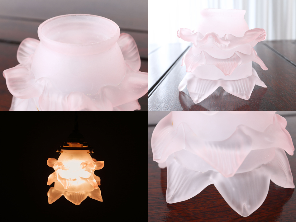 ローズピンク フロストガラス フリルランプシェード｜アンティーク家具