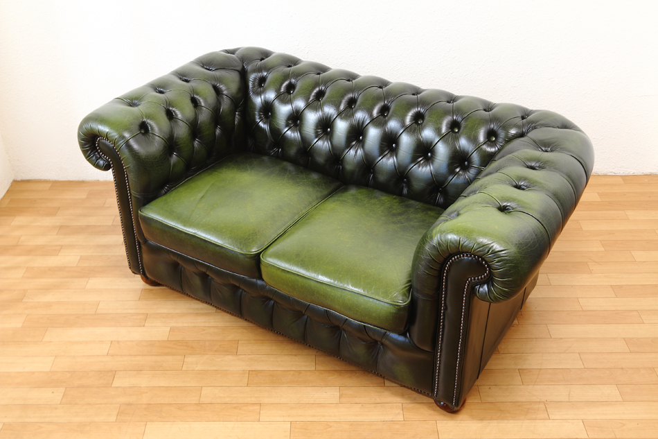 チェスターフィールド グリーンレザー 2Persons クラブソファ