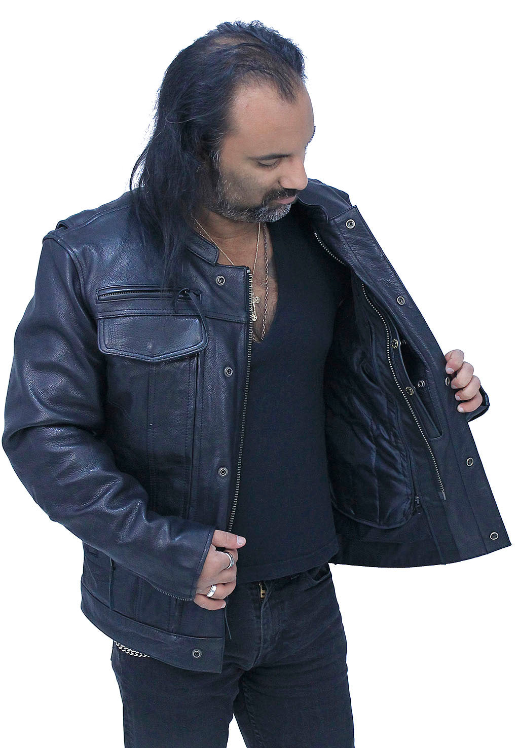 No Collar Men's Vented Concealed Pocket Motorcycle Jacket