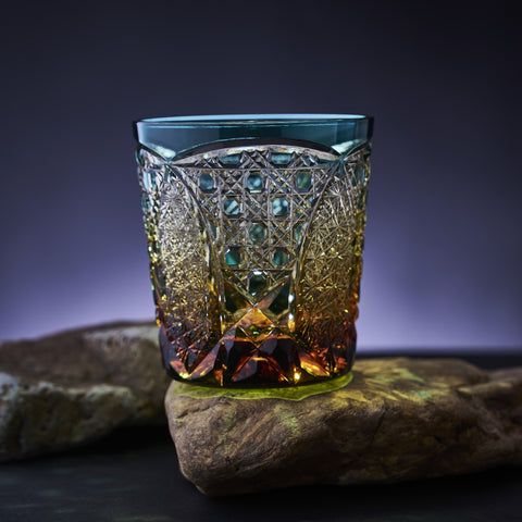 江戸切子 伝統工芸士 木村泰典 作 菊繋ぎに籠目紋 オールドグラス 琥珀