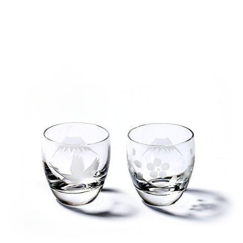 江戸切子 - 富士山に鶴・桜 冷酒ペアグラス 透き -【公式】太武朗工房