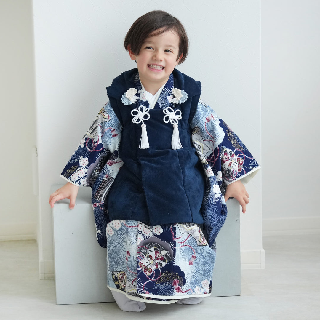 レンタル】七五三着物 3歳男の子 被布セット 松に鷹・紺 華徒然