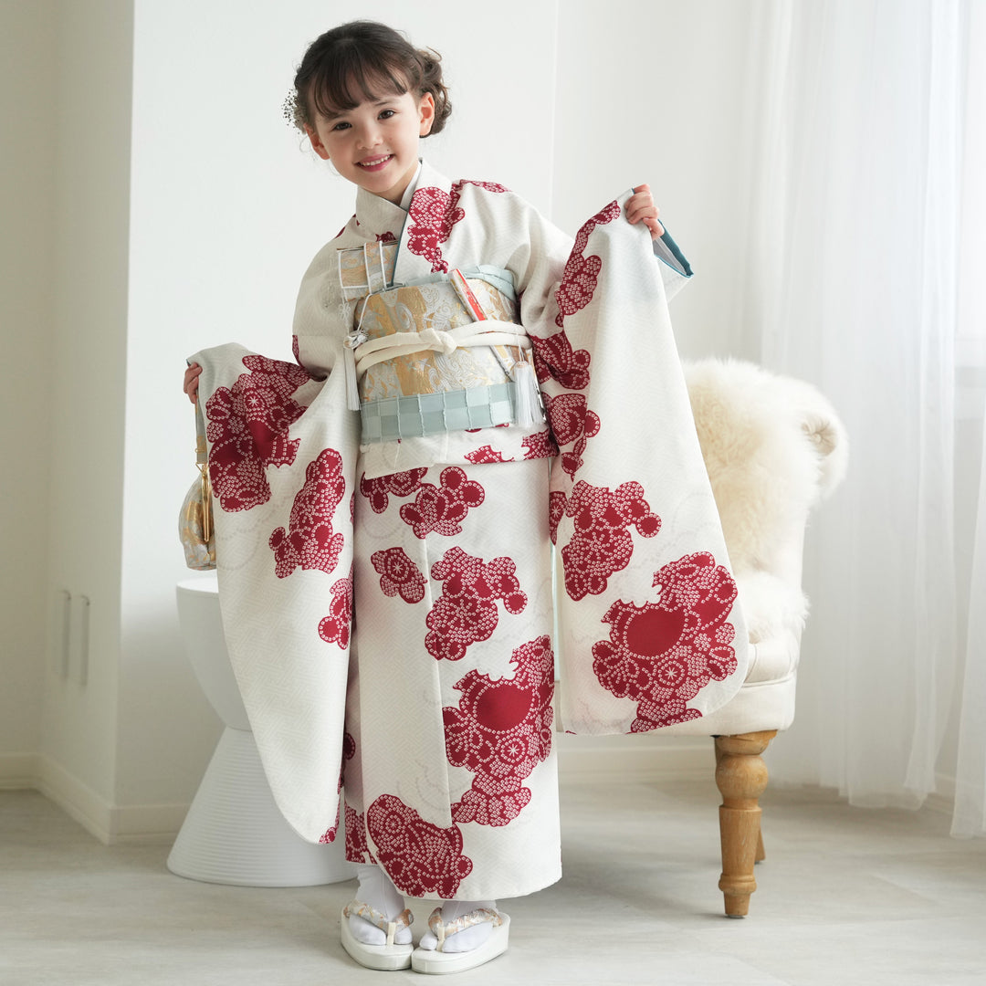 レンタル】七五三着物 7歳女の子 着物セット 白百合色に絞り柄 四つ身