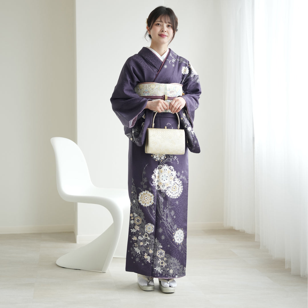 レンタル】 訪問着 20点セット 濃紫系 西陣織帯 金彩 辻が花 入学式