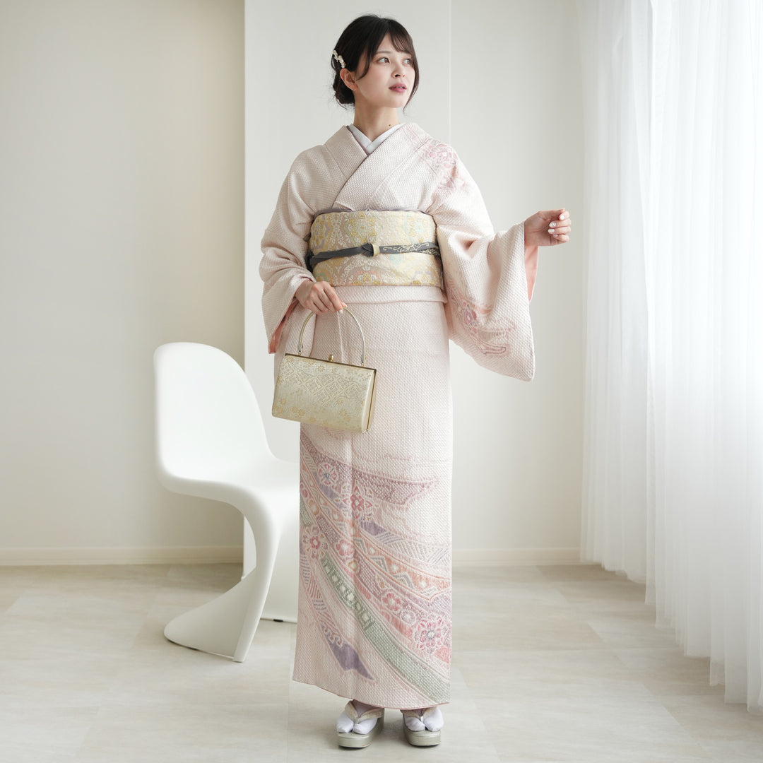 レンタル】 訪問着 20点セット 薄ピンク系 西陣織帯 総絞り 華やか