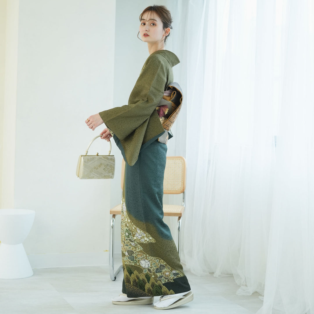 レンタル】訪問着 20点セット モスグリーン 緑 辻が花 金彩