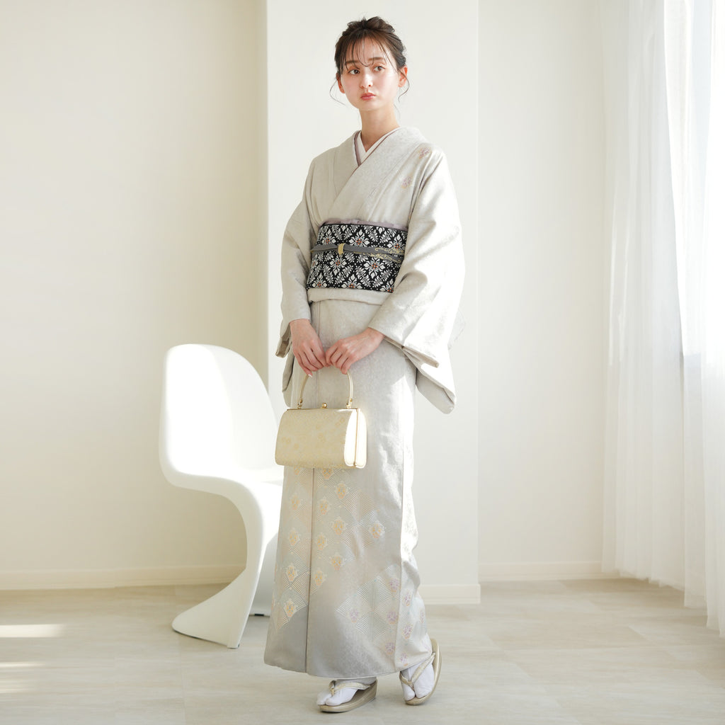レンタル】 訪問着 20点セット ライトグレー系 西陣織帯 銀彩 梅 菊