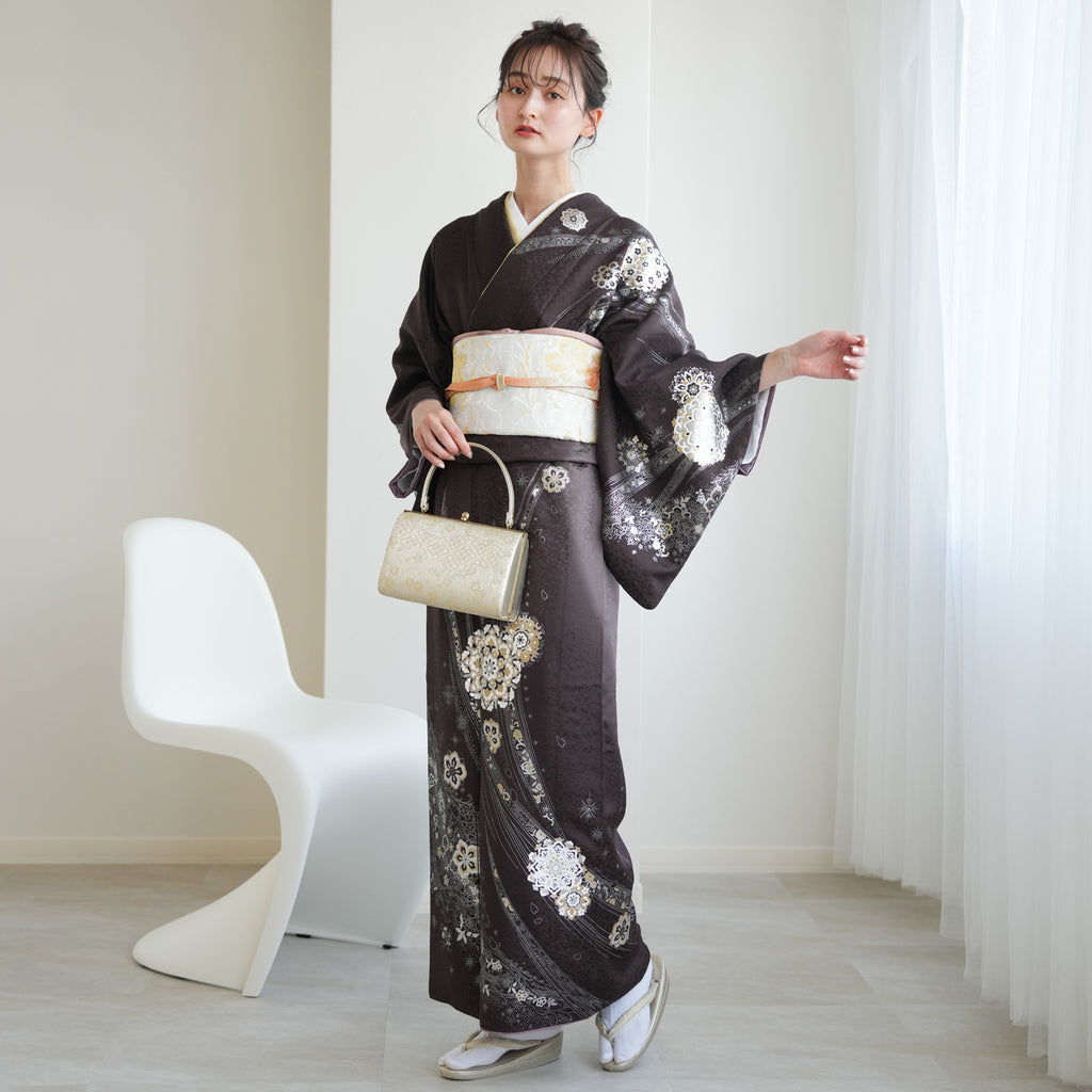 レンタル】 訪問着 20点セット 黒茶系 西陣織帯 金彩 辻が花 入学式