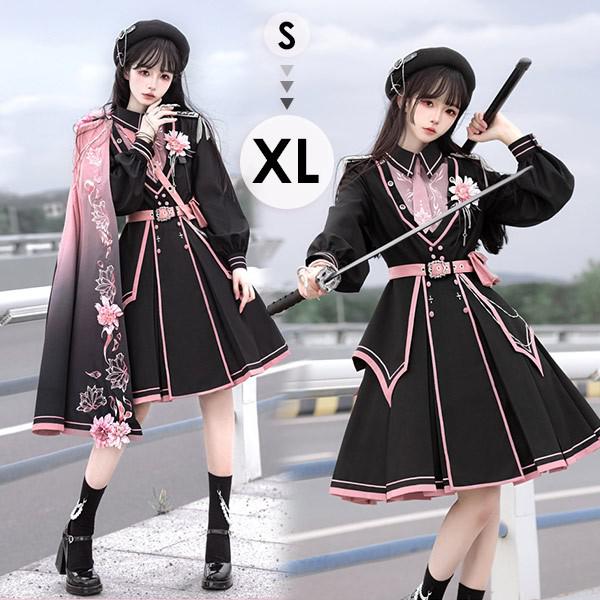 楽天市場】ロリータ ワンピース 桜柄 大正風 軍服ロリータ 黒 ピンク